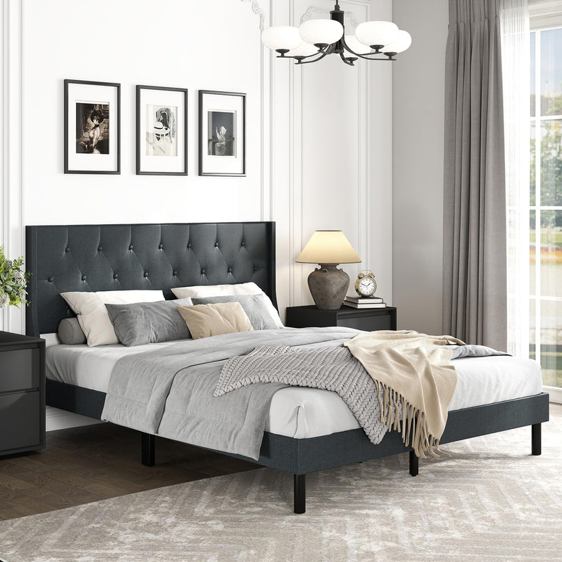 Giantex Queen Size Upholstered Bed Frame with Button Tufted Wingback Headboard
