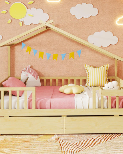 Giantex Montessori  Wooden Twin Bed Frame with Cube Storage & Fence Rails