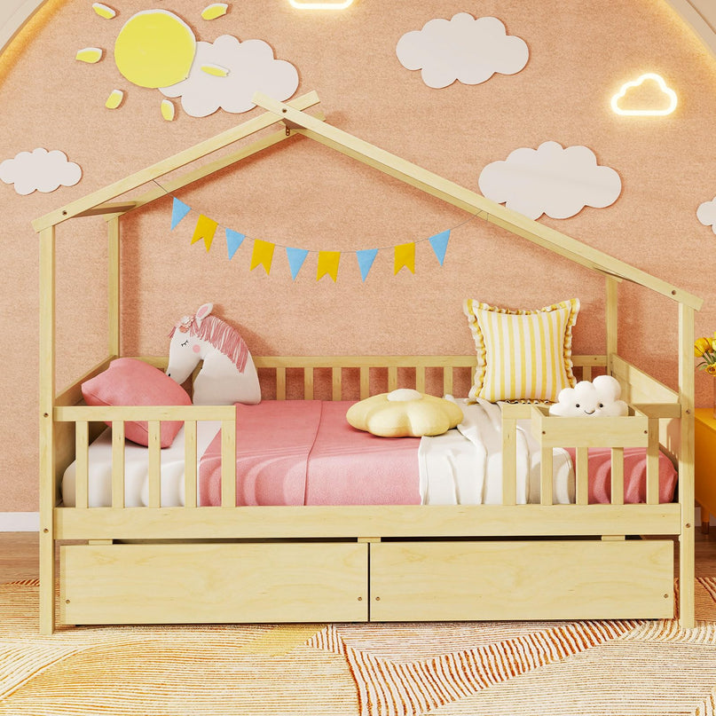 Giantex Montessori  Wooden Twin Bed Frame with Cube Storage & Fence Rails