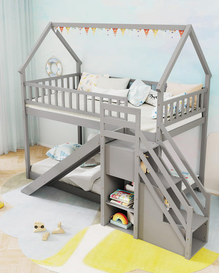 Giantex House Bunk Bed Twin Over Twin with Slide & Stairs for Kids Teens