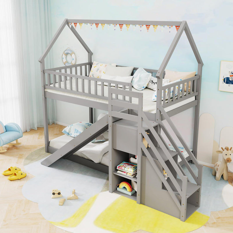 Giantex House Bunk Bed Twin Over Twin with Slide & Stairs for Kids Teens