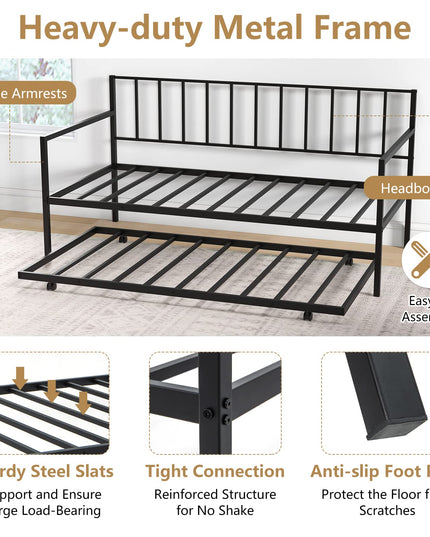 Giantex Metal Daybed with Trundle, Twin Size Daybed with Pullout Trundle & Steel Slat Support, Black