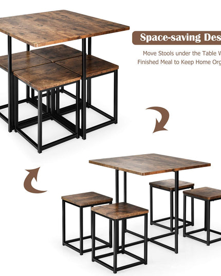 5 Piece Dining Table Set, Dining Set for 4 with Square Stools, Walnut & Black