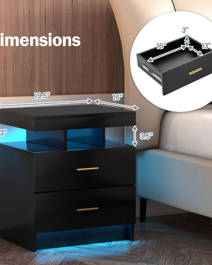 Giantex LED Nightstand, Modern Black Bedside Tables with 2 Storage Drawers