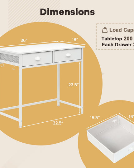 Giantex Small Computer Desk with Fabric Drawers, 36 Inch Home Office Desk with 4 Hanging Hooks & Metal Frame