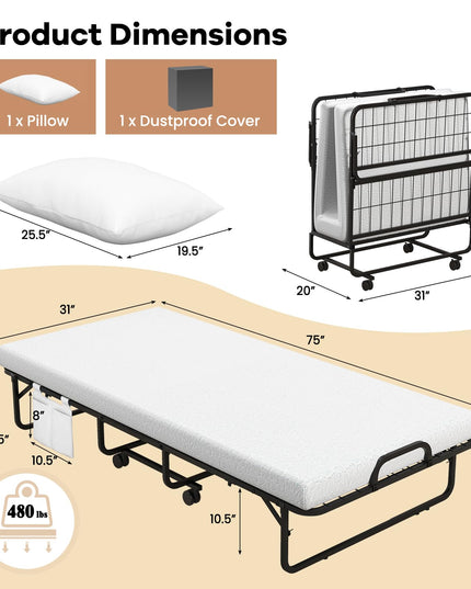 Giantex Folding Bed with Mattress and Top Pillow, Cot Portable Guest Bed w/Metal Frame, 75" x 31"