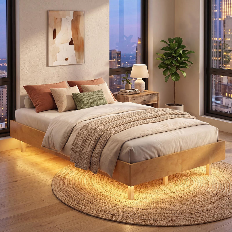 GIANTEX Wood Floating Bed Frame Twin/Full/Queen Size with Smart LED Light