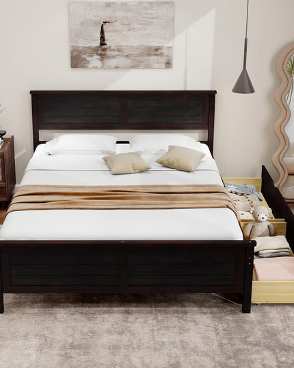 Giantex Wood Full Size Bed Frame with 2 Storage Drawers, Solid Wood Platform Bed with Headboard