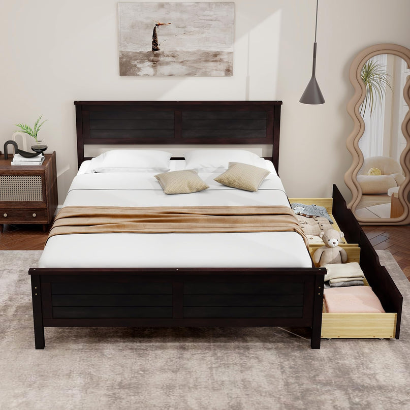 Giantex Wood Full Size Bed Frame with 2 Storage Drawers, Solid Wood Platform Bed with Headboard