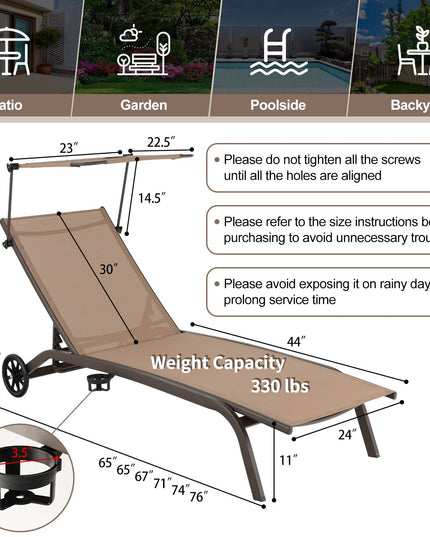 Giantex Outdoor Chaise Lounge Chair, Tanning Chair with Sunshade and Smooth Wheels, 6-Level Adjustable Position