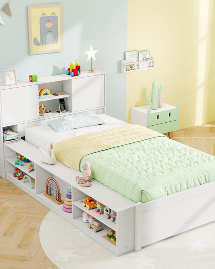 Giantex White Twin Size Bed Frame with Trundle and Bookcase Headboard
