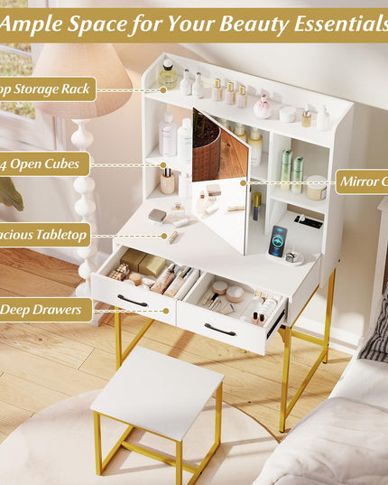 Vanity Desk with Charging Station for Bedroom