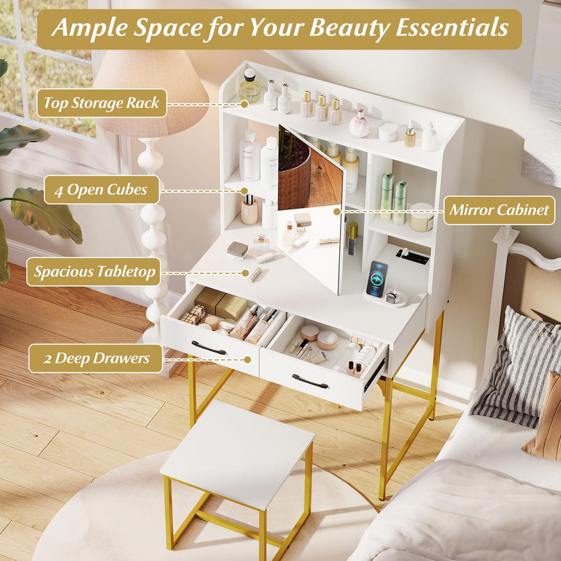 Vanity Desk with Charging Station for Bedroom