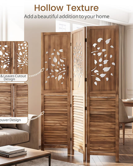 GIANTEX 3 Panel Folding Room Divider with Tree Leaf Cutout & Louvered Slats