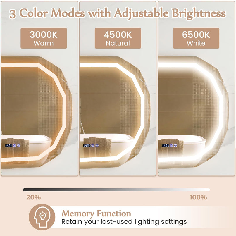 LED Bathroom Mirror, Lighted Beveled Edge Vanity Mirror Wall Mounted