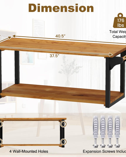 Giantex Teak Wood Bathroom Floating Wall Shelves 40.5" Long 2-Tier Storage Rack