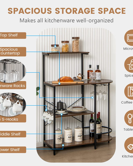Giantex Kitchen Bakers Rack, 4-Tier Microwave Stand with 6 Hooks & Stemware Racks (Rustic Brown)