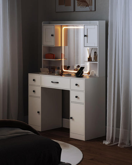 CHARMAID Vanity Desk with Mirror and Lights, White Makeup Vanity Desk with 5 Drawers