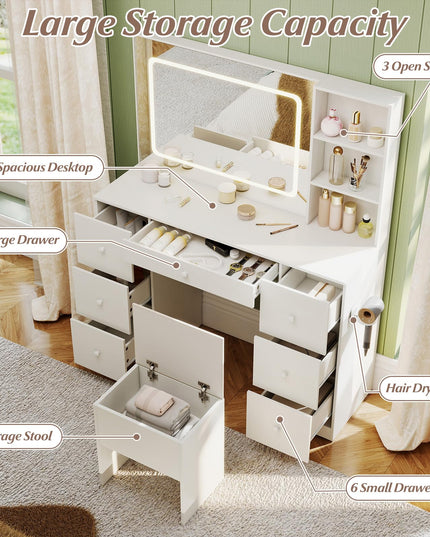 Large Vanity Desk with Lighted Mirror for Bedroom