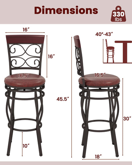 Giantex 30" Swivel Bar Stools Set of 2, Bar Height Bar Stools w/Back, Upholstered PU Leather Seat, Footrest, Rustic Brown