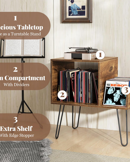 Giantex Record Player Stand with Charging Station, Turntable Stand with Vinyl Divider & Display Shelf