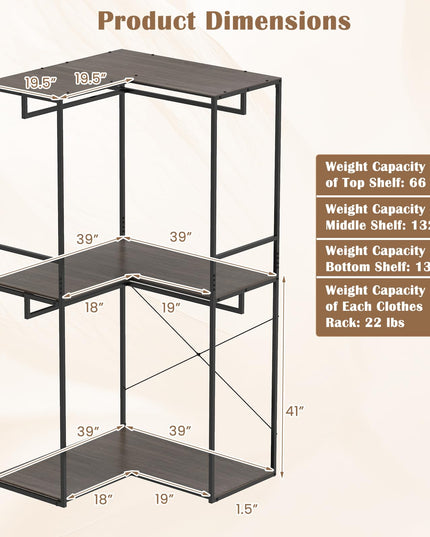 Giantex 3-Tier L-Shaped Garment Rack w/3 Open Shelves & 2 Hanging Racks