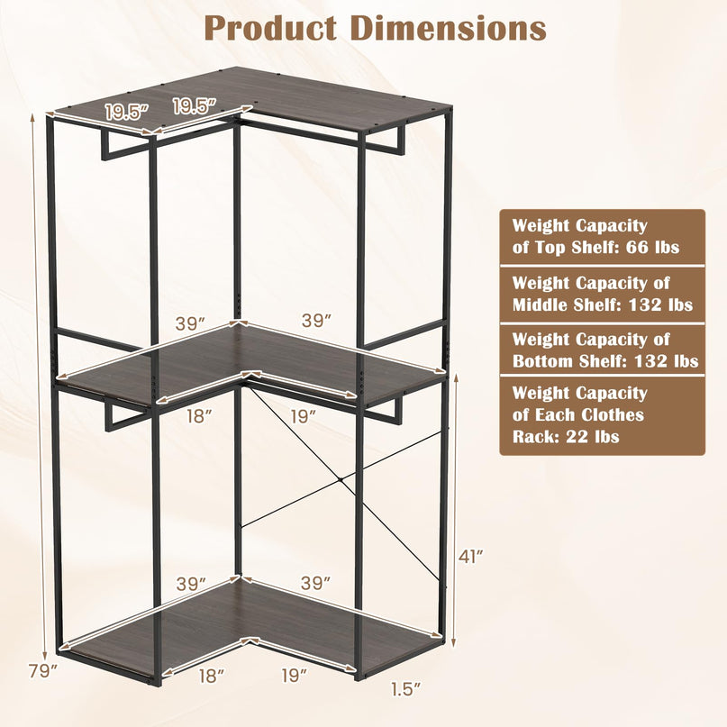 Giantex 3-Tier L-Shaped Garment Rack w/3 Open Shelves & 2 Hanging Racks