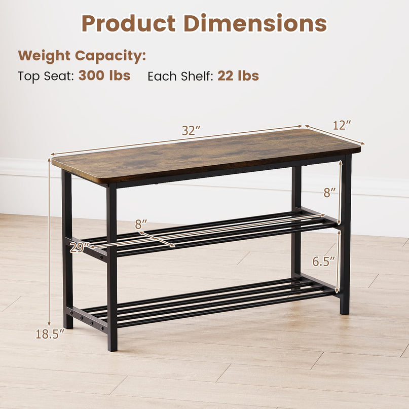Giantex 32" L Shoe Organizer Storage Bench with Metal Slat Shelves & Seat
