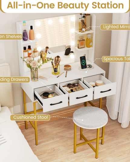 Makeup Vanity Desk with Lighted Mirror & Charging Station