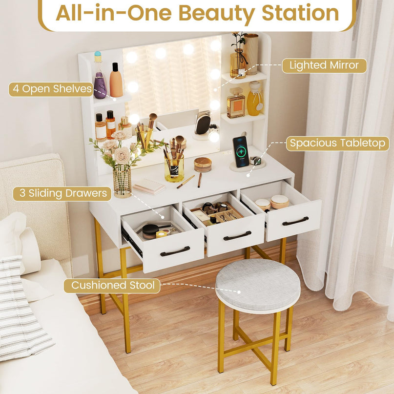 Makeup Vanity Desk with Lighted Mirror & Charging Station
