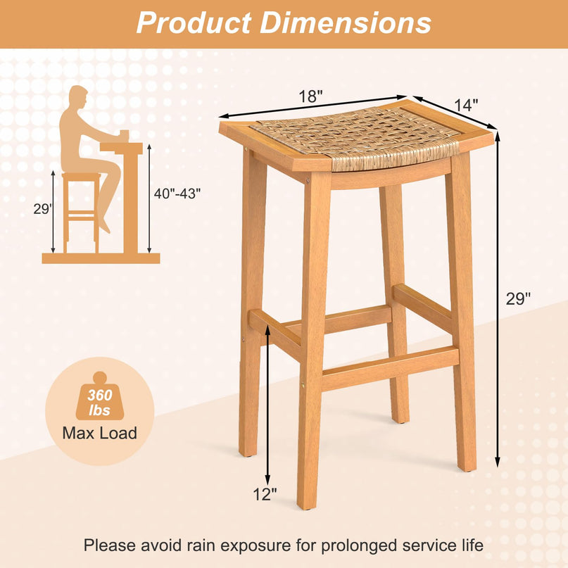 Giantex Outdoor Wooden Bar Stools Set of 2/4 with PE Rattan Saddle Seat & Footrest