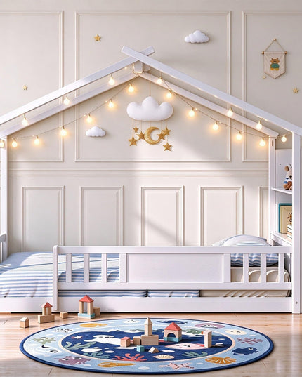 GIANTEX Twin Montessori Floor Bed with Storage Bookshelf & Safety Guardrail