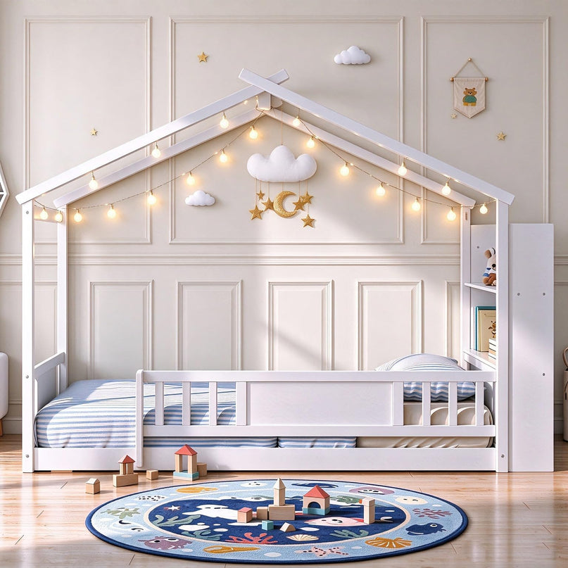 GIANTEX Twin Montessori Floor Bed with Storage Bookshelf & Safety Guardrail