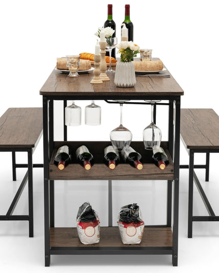 Giantex 3-Piece Dining Table Set for 4, Rustic Kitchen Dinner Table with 2 Benches