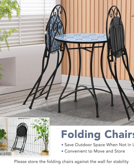 Giantex 2 Pieces Folding Bistro Chairs, Mosaic Patio Chairs with Ceramic Tiles Seat and Exquisite Floral Pattern