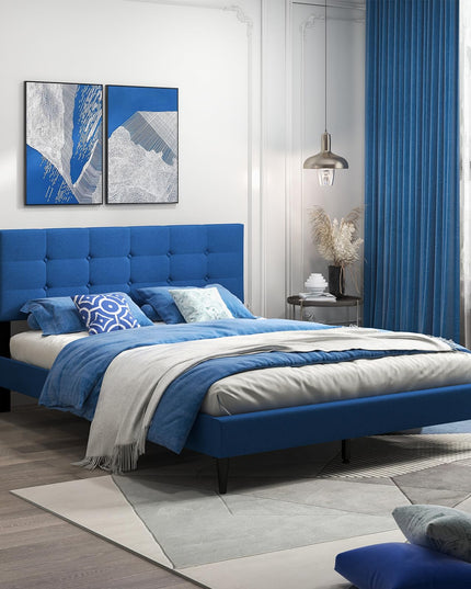 Giantex Platform Bed Frame with Button Tufted Headboard and Wooden Slats