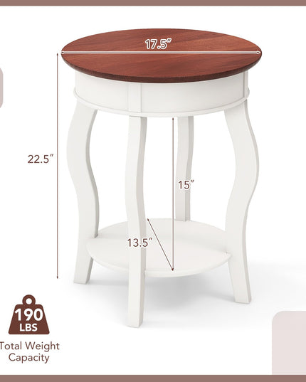 Giantex Farmhouse Round End Table, 2-Tier Sofa Side Table with Storage Shelf, Small Wooden Tea Table with Solid Rubber Wood Legs