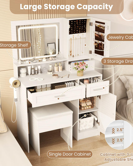 CHARMAID Vanity Desk with Mirror and Lights, Jewelry Storage Cabinet, Farmhouse White Makeup Vanity Desk with Charging Station