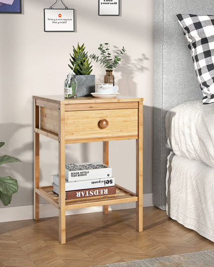 Giantex Nightstand Bamboo Bedside Table with Drawer, Open Shelf, Multifunctional Side Table