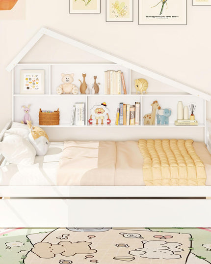 Giantex Full House Bed with Twin Trundle, Wood Daybed with 5 Cube Storage Bookcase & Headboard