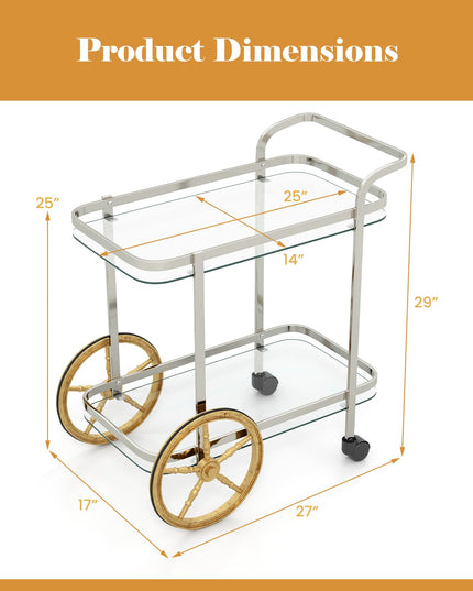 Giantex 2-Tier Bar Cart, Stylish Rolling Serving Cart w/Tempered Glass Shelves