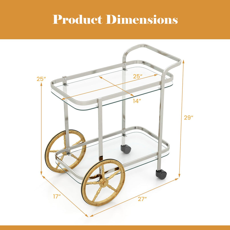 Giantex 2-Tier Bar Cart, Stylish Rolling Serving Cart w/Tempered Glass Shelves