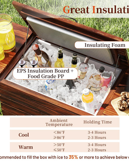 Giantex 54QT Wooden Patio Cooler Cart with Wheels Insulated Rolling Ice Chest with Drain