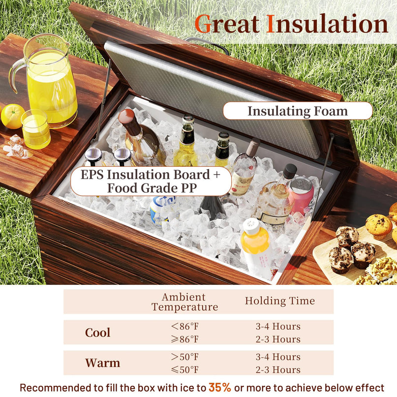 Giantex 54QT Wooden Patio Cooler Cart with Wheels Insulated Rolling Ice Chest with Drain