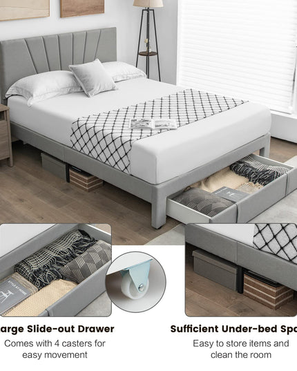 Giantex Upholstered Queen Bed Frame with Drawer, Modern Platform Bed with Storage & Adjustable Headboard