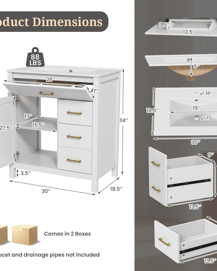 Giantex 30” Bathroom Vanity with Sink, Ceramic Basin Combo with 2 Drawers, 1 Door, 1 Flip-Out Drawer