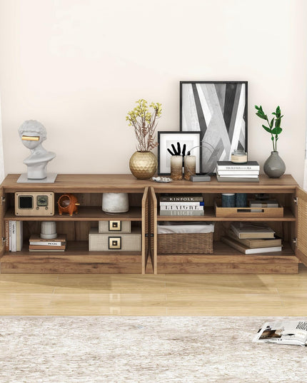 Giantex Farmhouse TV Stand for TVs up to 75”, 4-Door PE Rattan Entertainment Center
