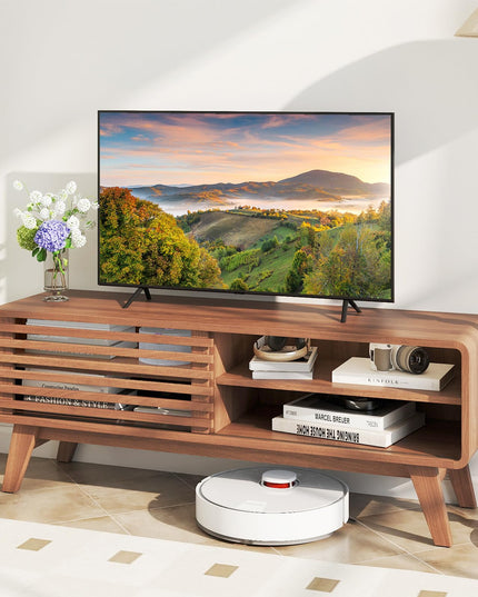 Meuble TV Giantex avec placard de rangement, porte coulissante et étagères réglables pour téléviseur de 50/55 pouces