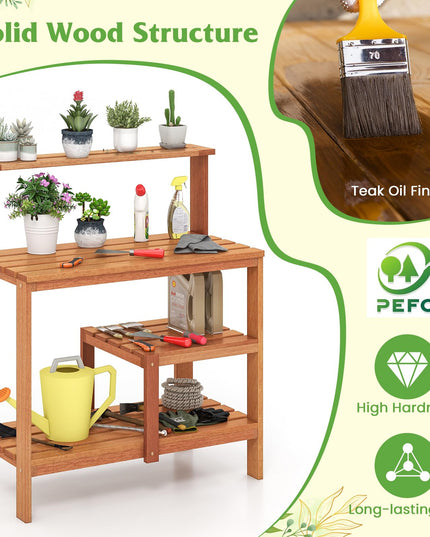 Giantex 4-Tier Potting Bench, Solid Wood Gardening Workstation w/Open Storage Shelves