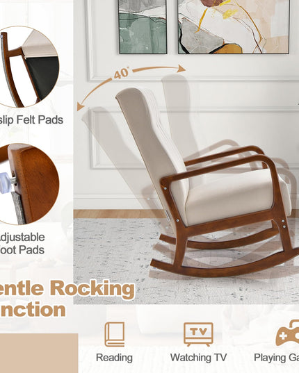 Giantex Rocking Chair with Ottoman, Upholstered Rocker Chair with Solid Rubber Wood Frame
